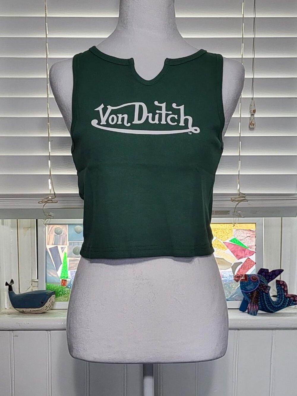 Von Dutch Hunter Green Ribbed Notch Neck Crop Tank Top
